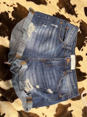 Indigo Rein Medium Blue Distressed Rolled Cuff Denim Shorts